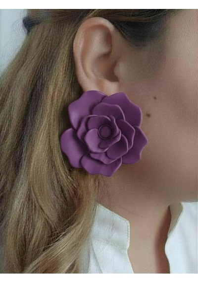 Kadın Küpe Büyük Lila Violet Gül Model - 6 Cm Minimalist Halka/çivili Gül Çiçek Küpe