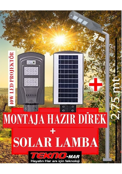 Güneş Enerjili Bahçe Aydınlatma Direği+40W Solar Sokak Lambası