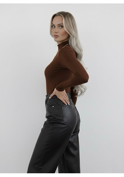 Hashtag Kadın Balıkçı Yaka Uzun Kollu Body 2'li Set Viskon Kumaş Kahverengi Siyah
