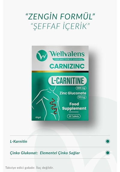 Wellvalens Carnizinc L-karnitin 1000 Mg + Çinko 2 Kutu 60 Tablet
