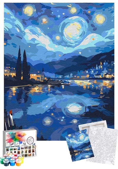 Sayılarla Boyama Seti 40 x 50 CM Tuval Şasesine Gerili Yıldızlı Geceler