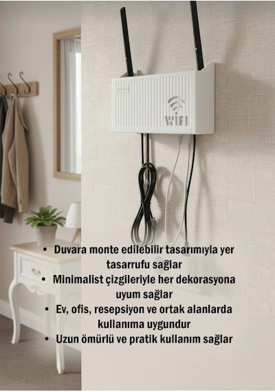 Wifi Modem Saklama Kutusu Plastik Malzeme İle 15x25x6 Cm Boyutlarında Şık Duvar Tipi Yapışkanlı Vida Hediyedli 2 Adet Beyaz - Gri