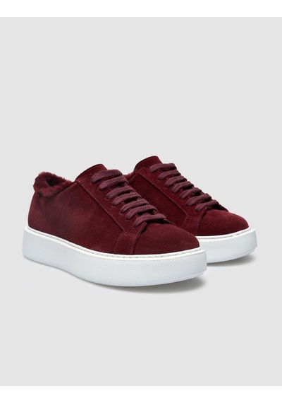 %100 Hakiki Deri Bordo Süet Kürklü Kadın Sneaker Bordo