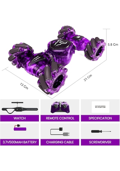 Mj Toys Uzaktan Kumandalı Şarjlı Led Işıklı Bilekten Kontrollü Araba Akrobat Drift Stunt 4x4 Oyuncak Araba Mor