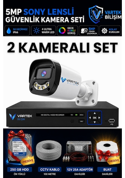 2 Kameralı 250gb-5mp Gece Renkli Gülen Yüz 1080p Fullhd Kamera Set-su Gecirmez-sabit İp Gerektirmez
