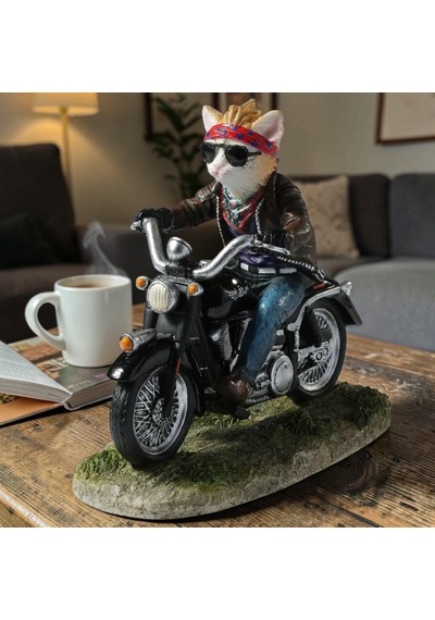Dekoratif Motorsikletli Kedi Biblo Wise Veronese Poliresin Eğlenceli Figür 14 Cm .