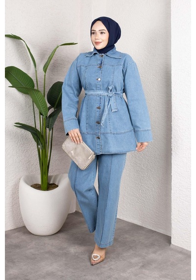 Misskayle Kuşaklı Düğmeli Denim Takım Rahat Kesim İkili Kombin Buz Mavisi Buzmavi