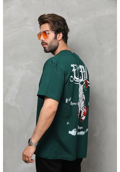 Ertaştrendstore Erkek Kısa Kol Yazlık Tişört Bisiklet Yaka Baskılı Oversize T-shirt - Yeşil Çok Renk