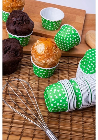 Muffin Cupcake Kek Kalıbı Kapsülü Yeşil Renk Beyaz Puantiyeli Özel Pet Kapsül 20'li Goldcakes