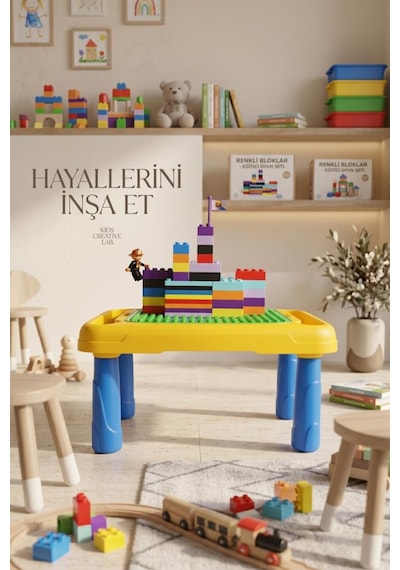 64 Parça 8 Renk Bloklu Yazı Tahtalı Depolama Alanlı Eğitici Oyuncak Aktivite Masası