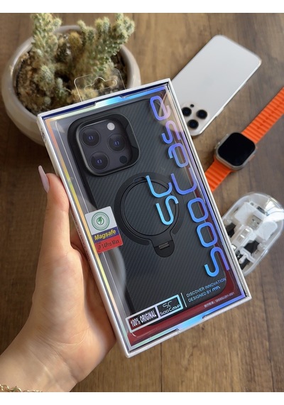 Apple iPhone 14 Pro Max Uyumlu Karbon Desenli Standlı Ve Magsafe Uyumlu Kılıf Soocase700 Siyah