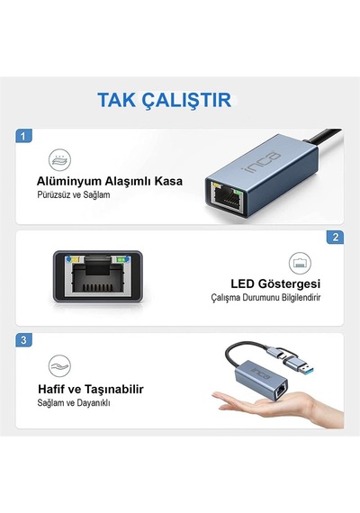 Inca Iutp-01t Usb 3.0 Type-c 3.1 Ethernet Rj45 1000mbps Alumınyum