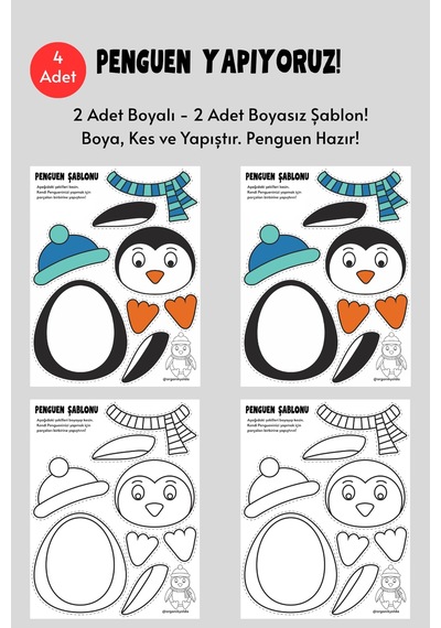 Penguen Şablonu, 4 Adet A4 Boyut, Kalın Ve Sert Kağıt.