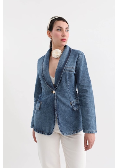 Banny Jeans Kadın Uzun Kollu Tek Düğmeli Jean Ceket Mavi Mavi Xl