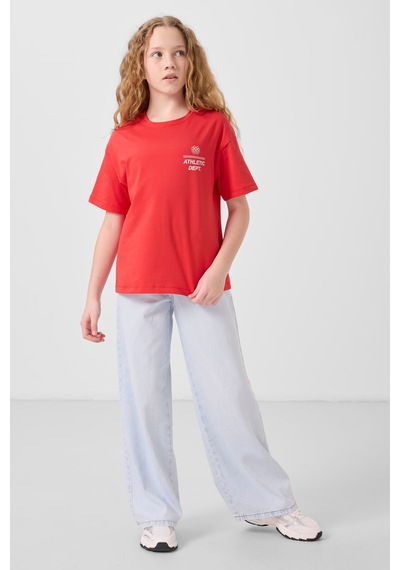 Fiesta Pamuklu O Yaka Oversize Fit Baskılı Kız Çocuk T-shirt - 75178 Kırmızı