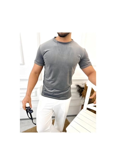 T-shirt Slim Fit Tişört Dar Kesim Kadife Tişört Füme