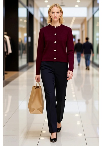 Benerly Kadın Basic Ceket Görünümlü Fitilli Triko Hırka Crop Kesim Uzun K Bordo