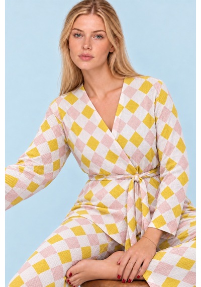 Kadın Desenli Ev Stili Kuşaklı Sarı Pijama Takımı 4807