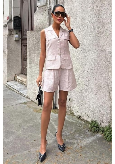 Moderie Butik Yelek Şort Viscon Takım 10156-17 Altın
