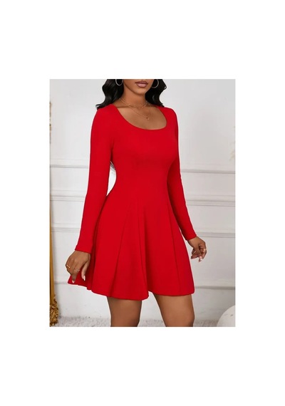 Butik İstanbul Kadın Uzun Kollu Kare Yakalı Mini Ithal Krep Elbise Kırmızı