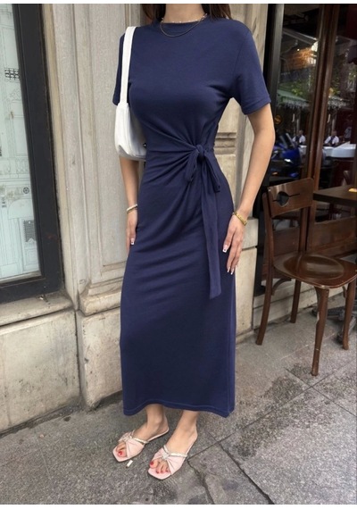 Defymoda Osy Modal Yumuşak Dokulu Kumaş Bisiklet Yaka Kısa Kollu Kuşaklı Uzun Elbise - Mavi Mavi