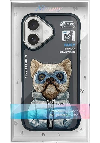 Apple Uyumlu iPhone 16 3d Gerçek Nakış İşleme Gözlük Ve Fermuar Detaylı Bulldog Telefon Kılıfı Şeffaf