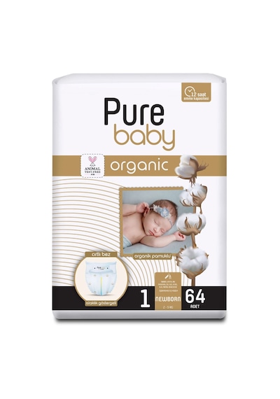 Pure Baby Organik Pamuklu Cırtlı Bez Tekli Paket 1 Numara Yenidogan 64 Adet