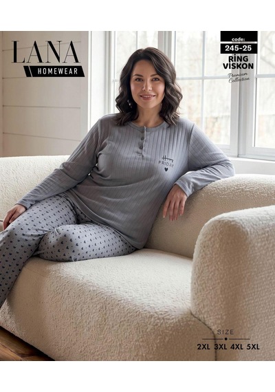 Lana Kadın Battal Pamuk Likralı Raporlu İnterlok Kışlık Pijama Takımı 245/25 - 1 Adet Gri