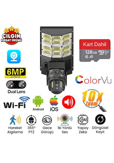 Avenir Av-sl400w Solar Wi-fi Sokak Lambası 3lens 3ekran 4mp Akıllı Ptz Kamera + 128gb Sd Kart Dahil