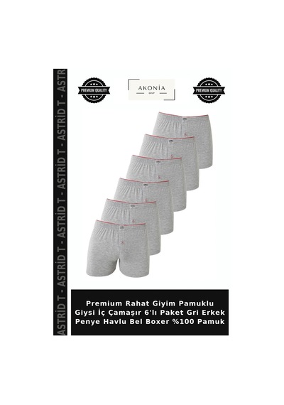 Astrid T Premium Rahat Giyim Pamuklu Giysi İç Çamaşır 6'lı Paket Gri Erkek Penye Havlu Bel Boxer %100 Pamuk