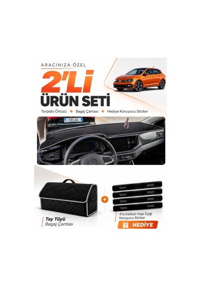 Volkswagen Polo 2022-2025 Uyumlu Torpido Örtüsü + Tay Tüyü Bagaj Çantası + Sticker - Siyah Gri
