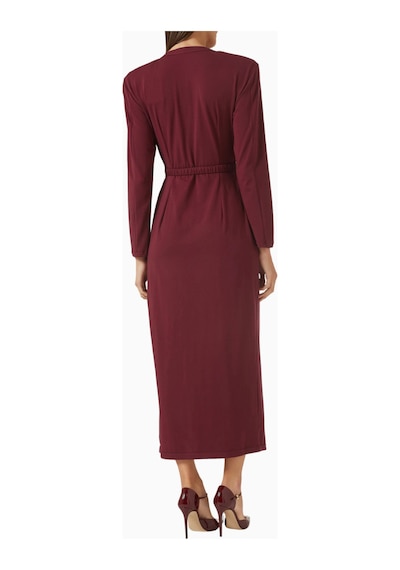 Rowen Rose Belted Cardigan Dress, Lüks Örgü Kumaşlı Kuşaklı Şık Triko Elbise Abiye Bordo 42