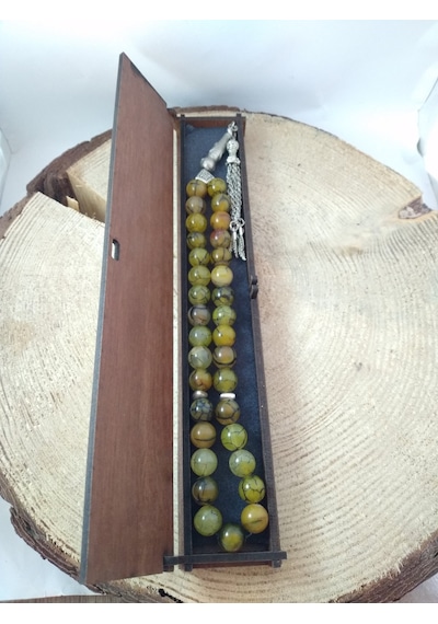 Yeşil Damarlı Akik Taşı Tespih Ahşap Kutulu / 10 MM Doğaltaş Tesp
