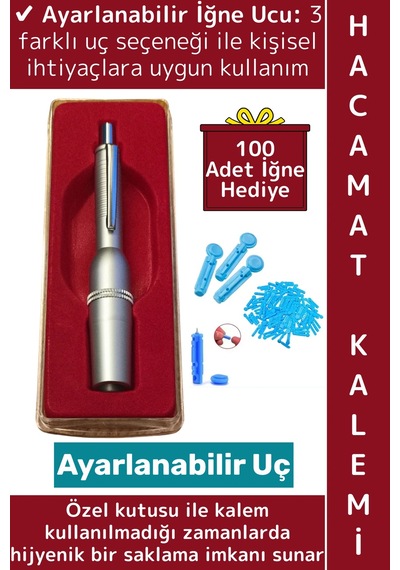 Wintoup Premium Klinik Terapi Ayarlanabilir 3 Uçlu Özel Hijyenik Kutu Hacamat Kalemi 100'lü İğne Hediye