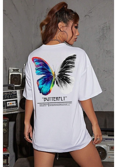 Uyguntarz Unisex Butterfly Baskılı Tasarım T-shirt Beyaz