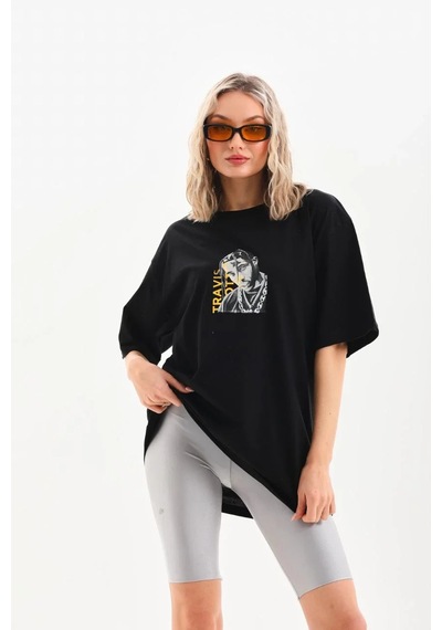 Assema Kadın Baskılı T-shirt Kısa Kol Bisiklet Yaka Ovarsize Rahat Kalıp Günlük Tişört - Siyah Çok Renkli