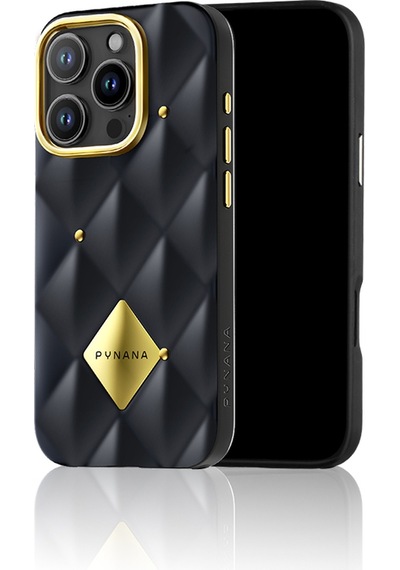 Apple Uyumlu iPhone 16 Pro Kılıf Parlak Arka Yüzeyli Kabartma Kapitone Pynana Metal Diamond Serisi Kapak Siyah