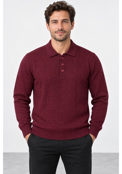 Bihan Store Erkek Gömlek Yaka Saç Örgü Desenli Düğmeli Kazak 6511-mürdüm