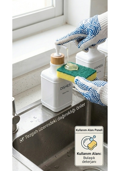 Makri Home Stantlı Bambu Kapaklı İkili Cam Sıvı Sabunluk & Deterjanlık Seti 2 500 Ml, 22,5 8,5 24 Cm Beyaz