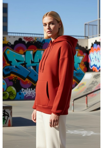 Benerly Kadın Kapüşonlu Düşük Kol Oversize Sweatshirt Fonksiyonel Dayanık Kiremit