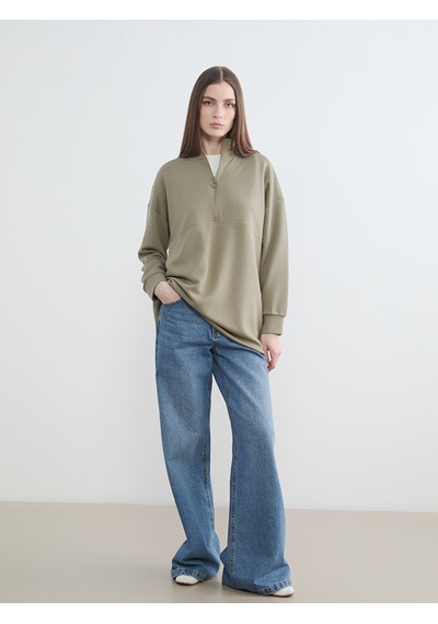 Lcw Modest Haki Dik Yaka Soft Touch Kadın Sweatshirt Tunik