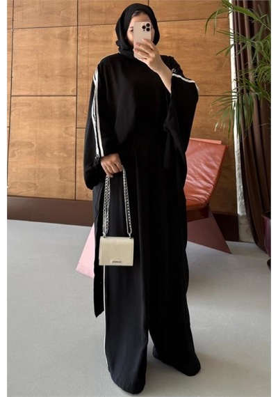 Neşeli Butik Kadın Siyah Şerit Detaylı Oversize Tunik Pantolon İkili Tesettür Takım Nms102