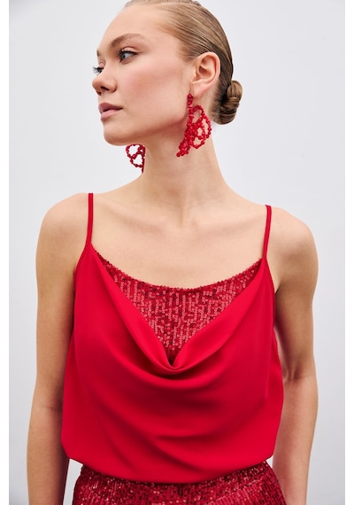 Sateen Degaje Yaka Bluz - Kırmızı-135513 Kırmızı
