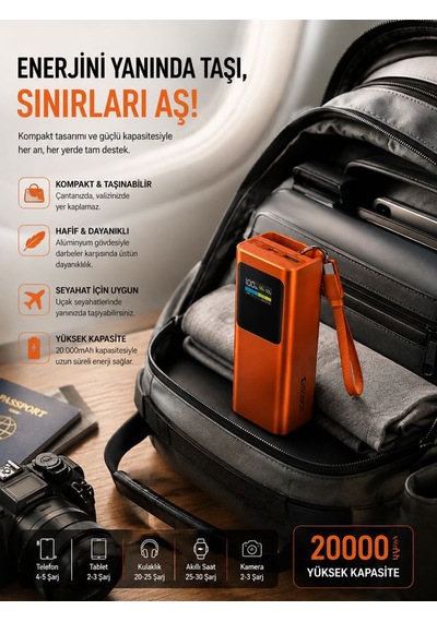 20000mah 100w Hızlı Şarj Powerbank Akıllı Dijital Ekran Type-c Kablolu Usb Type-c Girişli Turuncu
