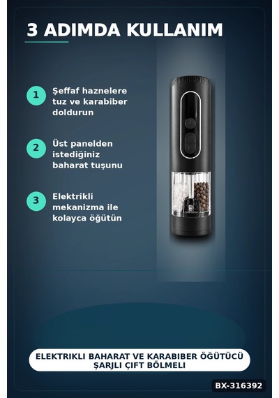 Elektrikli Baharat Ve Karabiber Öğütücü Şarjlı Çift Bölmeli Led Işıklı Bx-316392 Diğer