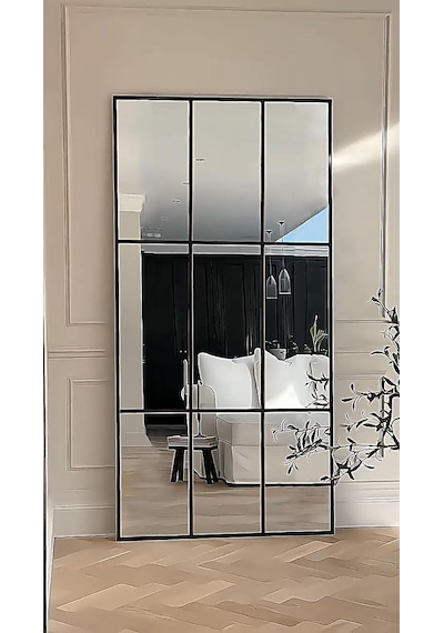 Ersan Dizayn Siyah Metal Çerçeveli Modern Pencere Boy Aynası - 80x180 Cm Siyah