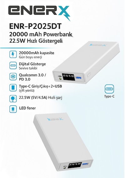 Enerx ENR-P2025DT 20.000 Mah 22.5 W Led Göstergeli Powerbank