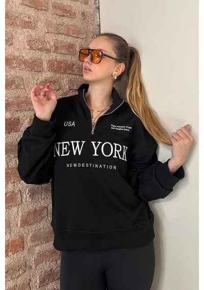 Madmext Siyah Yarım Fermuarlı Baskılı Sweatshirt Mg2240 Siyah