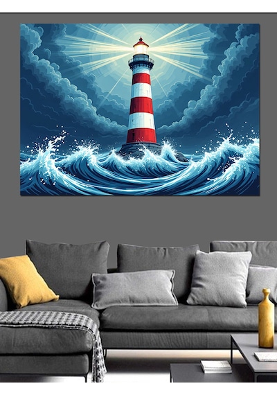 Fırtınalı Deniz Feneri Dekoratif Kanvas - Mdf Ahşap Tablo