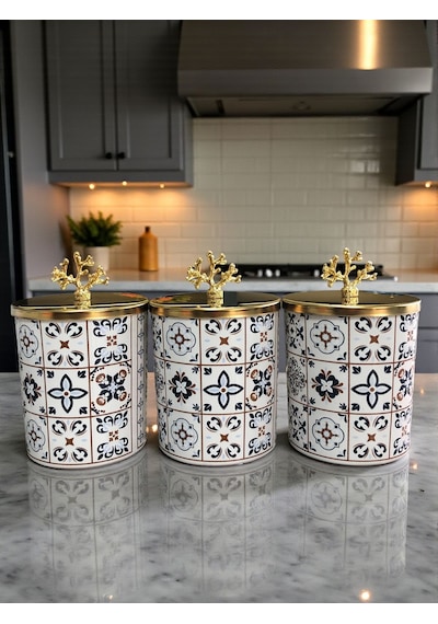 Baharatlık - Metal Kapaklı 3'lü Ceramic Desen Gold Kahverengi